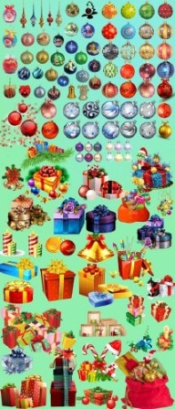 скачать бесплатно клипарт для фотошопа в формате PNG рождественские и новогодние игрушки и подарки