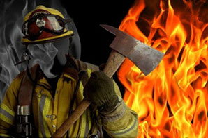 шаблон для фотошопа пожарник с топором в бушующем пламени, шаблон борьба с огнем