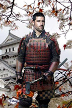 шаблон для фотошопа японский самурай, шаблон самурай, цветение сакуры, самурай на фоне храма 